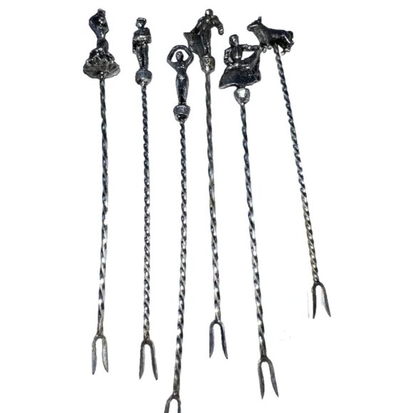 Set Of 6 Silver-Toned Twisted Metal Cocktail Forks With Flamenco & Bullfighter T - Picture 1 of 6